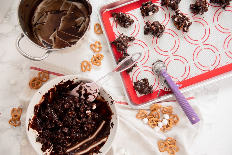 Scoop the rocky road candy onto a lined baking sheet