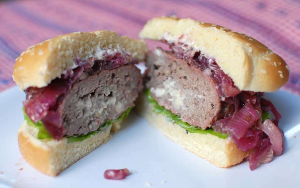 Blue Cheese Stuffed Burgers with Red Onion Marmalade