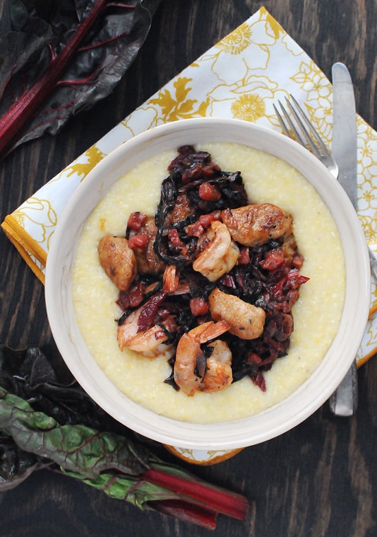 Spicy Sausage and Shrimp over Parmesan Grits