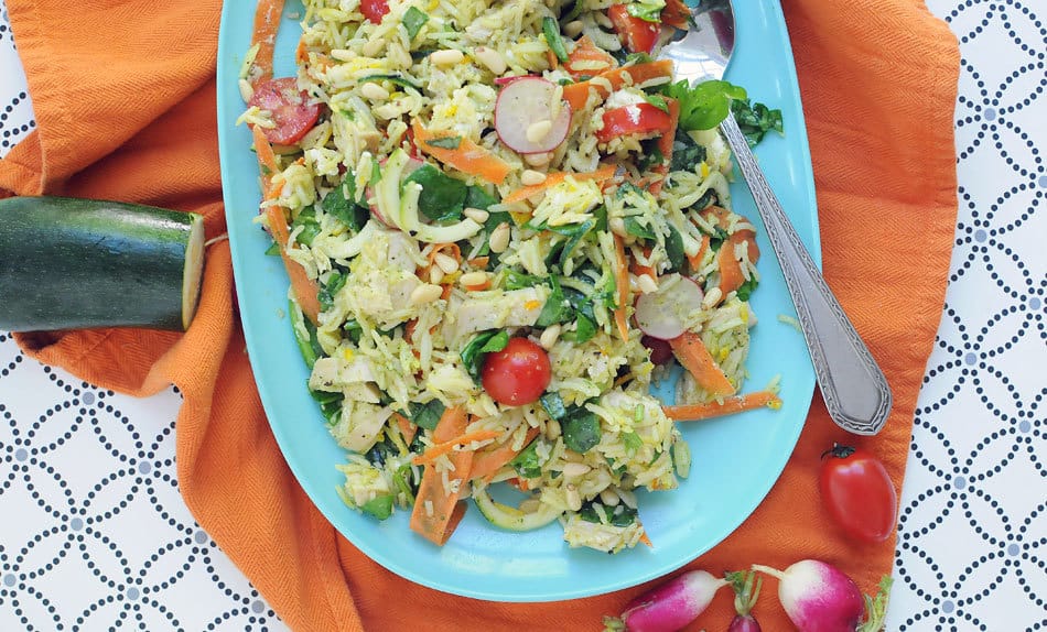 Summer Chicken and Rice Salad with parsley vinegrette