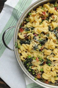 Spring Parmesan Pasta Skllet with Peas and Swiss Chard